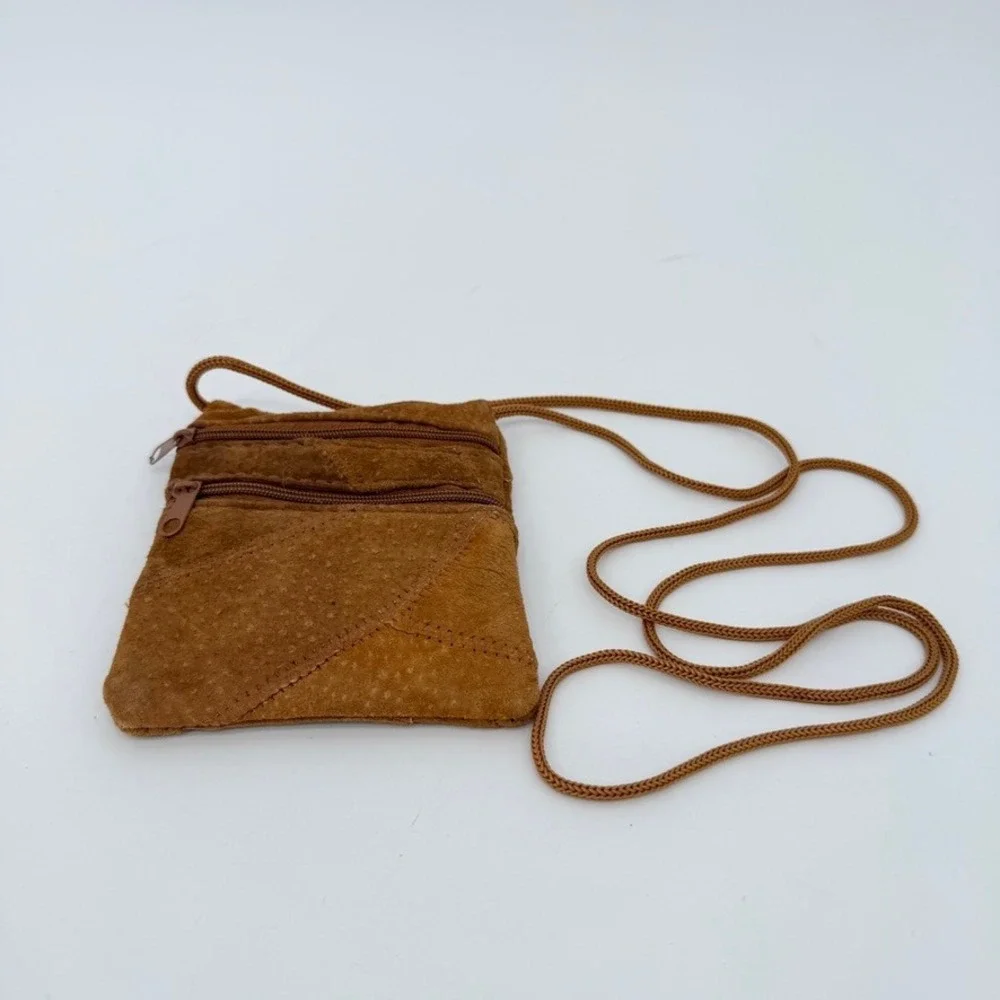 100% Suede Leather Crossbody Bag‎ Patchwork Look Brown Mini Boho Festival Purse